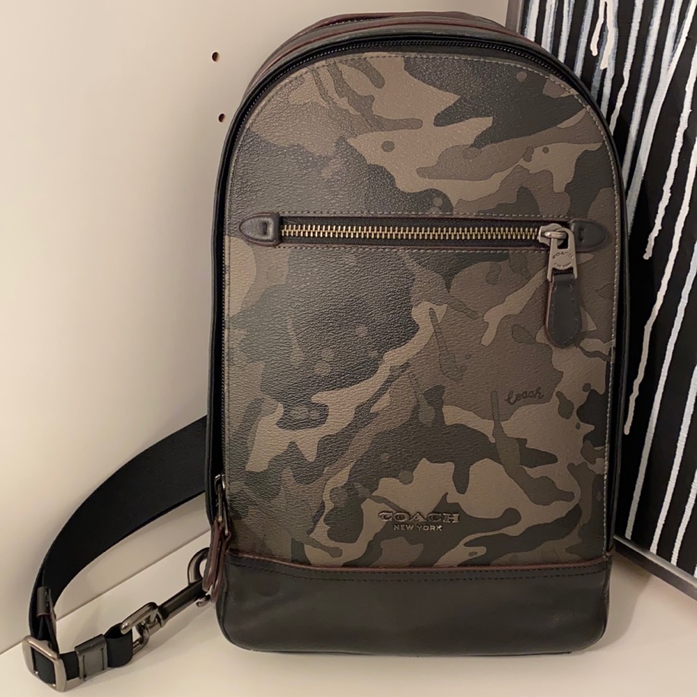Coach Mens Sling Pack Crossbody Backpack - Canvas Camo Black Smooth Calf Leather
